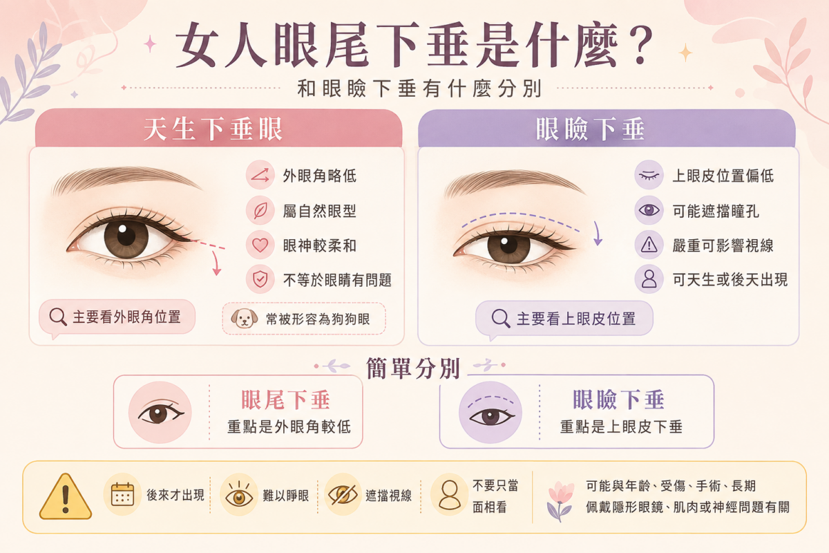眼尾下垂與眼瞼下垂差異對照圖:比較外眼角位置與上眼皮下垂特徵、成因,並列出突發眼皮下垂與中風徵兆等緊急求醫訊號。