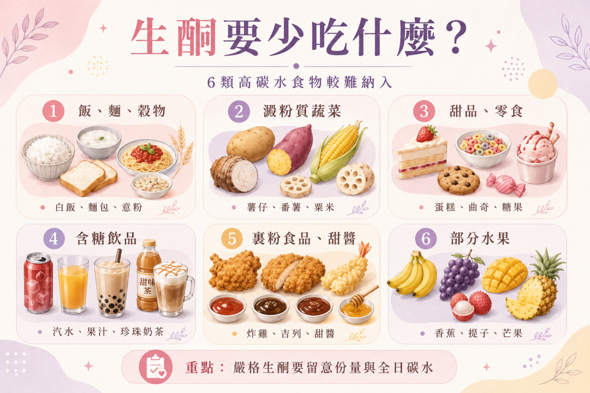 生酮飲食6大高碳水避雷食物資訊圖,列出需大幅減少的飯麵穀物、澱粉質蔬菜、甜品零食、含糖飲品、裹粉食品及甜醬、以及高糖水果,並提醒較難納入生酮不等於不健康。