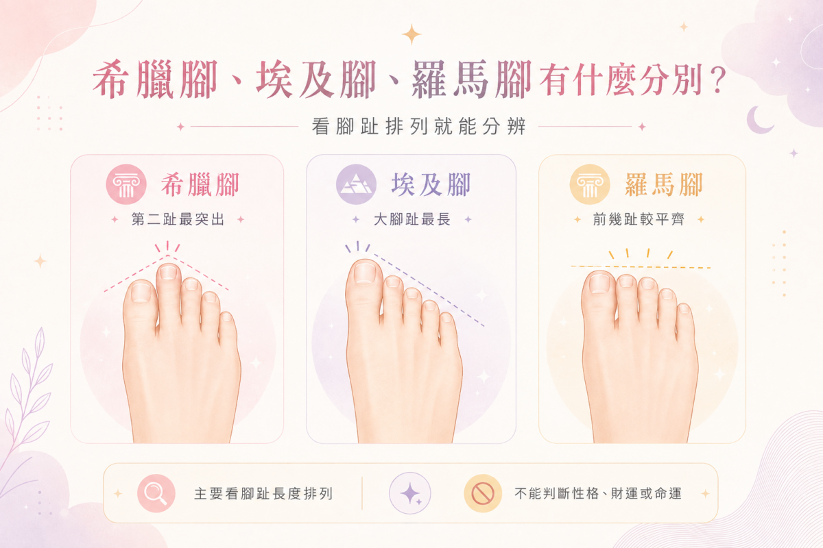 希臘腳、埃及腳與羅馬腳外觀特徵對比圖:圖解三種腳型的腳趾長度排列差異與辨識重點。