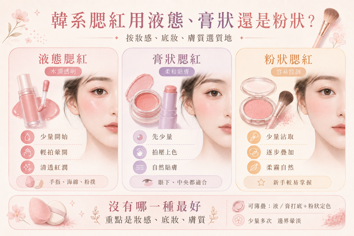 韓系腮紅3大質地比較圖:整理液態、膏狀與粉狀腮紅的核心妝感、適合底妝膚質與建議上色工具對照表。