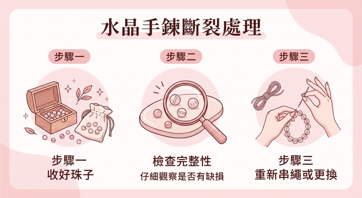 其實只要水晶珠沒有明顯破損，大多可以重新串線使用，以下3個步驟教你檢查水晶狀態，再決定修復還是換新。