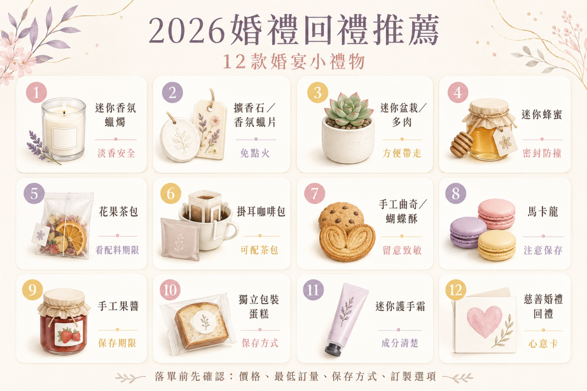 2026熱門婚禮回禮12款小禮物速查圖:涵蓋香氛生活、綠意植栽、美食茶飲及護理慈善等4大類別挑選指南。