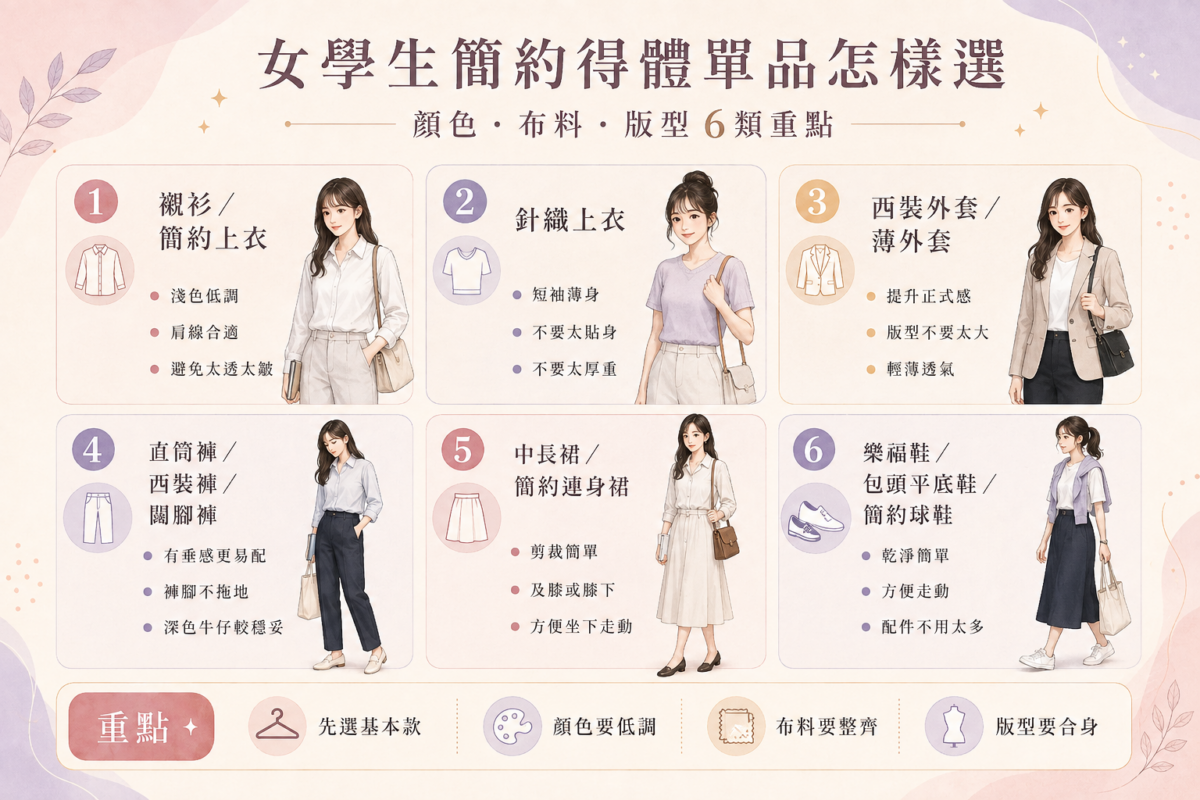 Smart Casual女學生6大必備單品膠囊衣櫃圖解：涵蓋襯衫、針織衫、西裝外套、直筒褲、中長裙與樂福鞋的版型、布料與配色挑選重點。