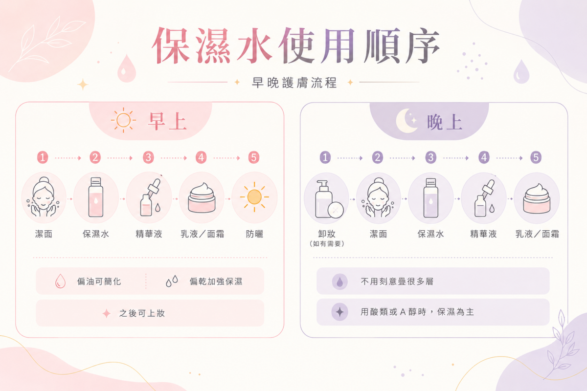 早晚保濕水正確使用順序對比圖：圖解早上潔面、保濕水、精華、乳液面霜至防曬的步驟，以及晚上卸妝、潔面、簡單配方保濕水、精華與面霜的護膚流程。
