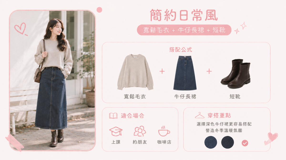 牛仔長裙比短裙更保暖，也適合不喜歡露腿的學生。