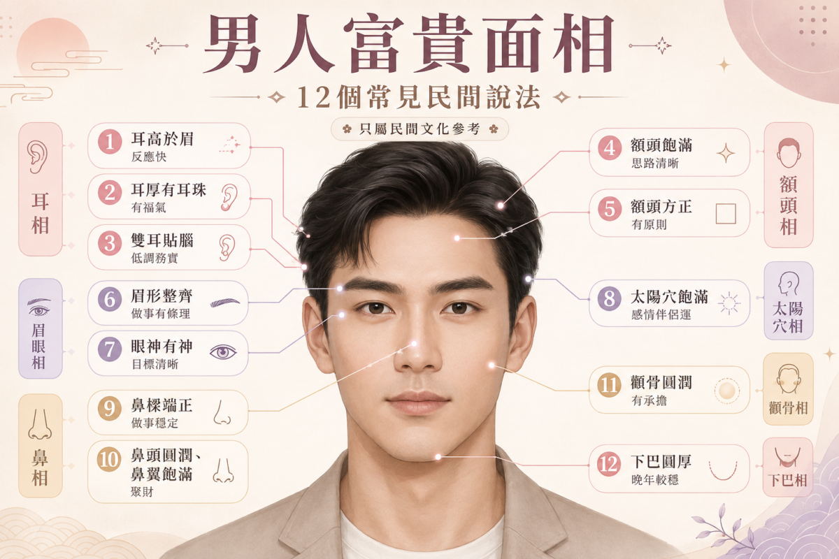 男性12大富貴面相特徵總覽圖:標示耳朵、額頭、眉眼、太陽穴、鼻子、顴骨與下巴等12項傳統面相特徵與民俗解讀。