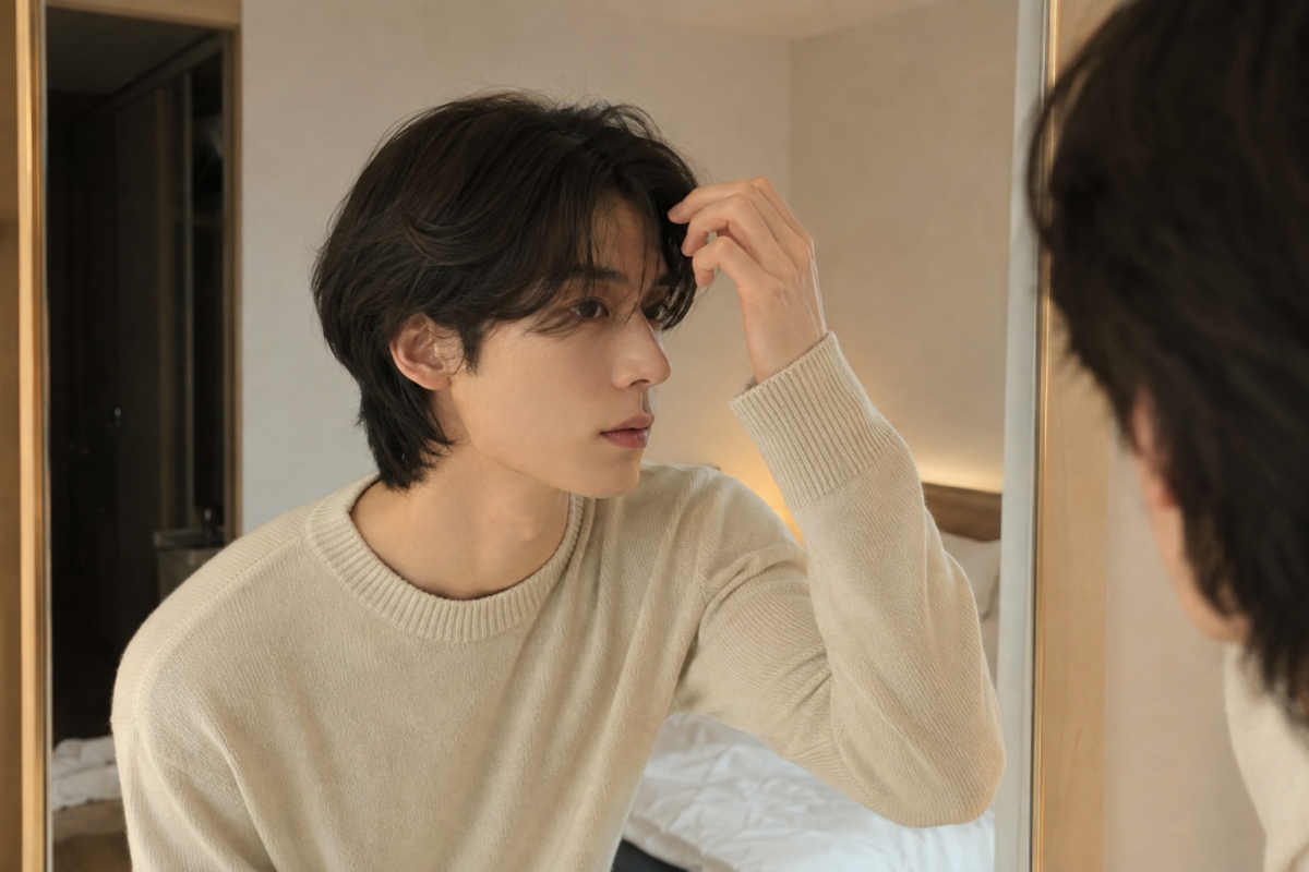 中長髮型男可按圓臉、長臉、方臉或鵝蛋臉調整分線、瀏海和層次,再配合頭型、髮量及髮際線選擇合適造型。