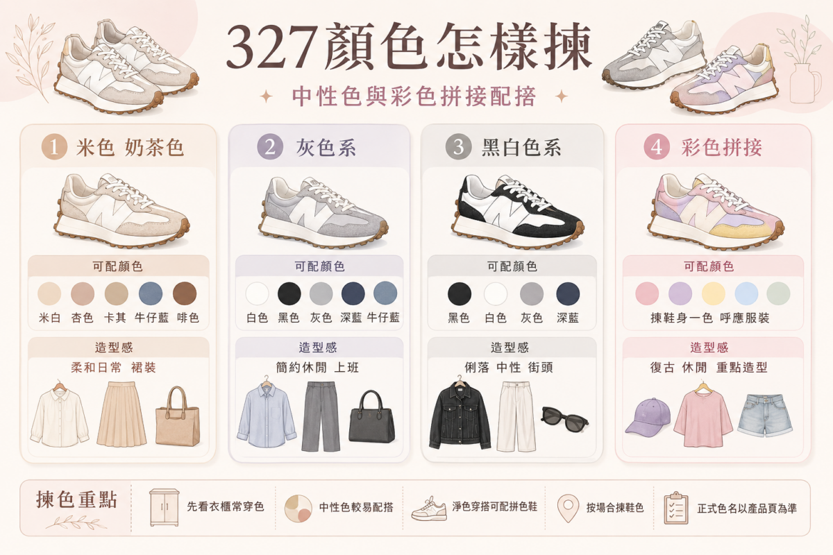 New Balance 327顏色挑選與穿搭指南資訊圖，整理米色/奶茶色、灰色系、黑白色系與彩色拼接款對應的服裝顏色與造型風格建議。