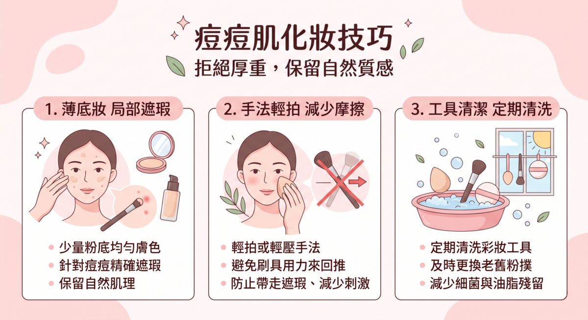 痘痘、痘印及凹凸肌理本來就是不同問題，單靠厚粉底未必可以完全遮掉，反而可能令整體妝感變得厚重。