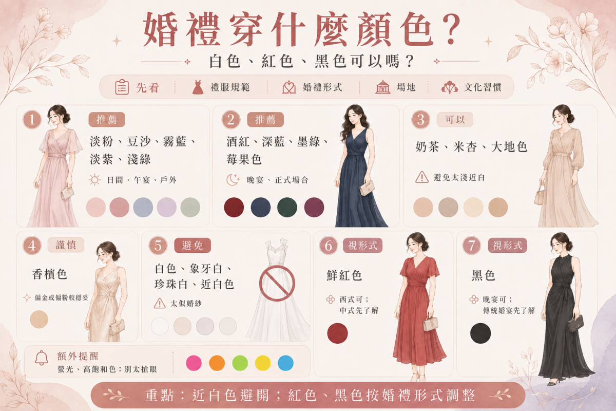 婚禮賓客穿搭顏色指南圖解:以色票形式分類推薦的柔和與深色系、需謹慎選擇的大地色、建議避免的純白色,以及依婚禮形式決定的紅黑色。