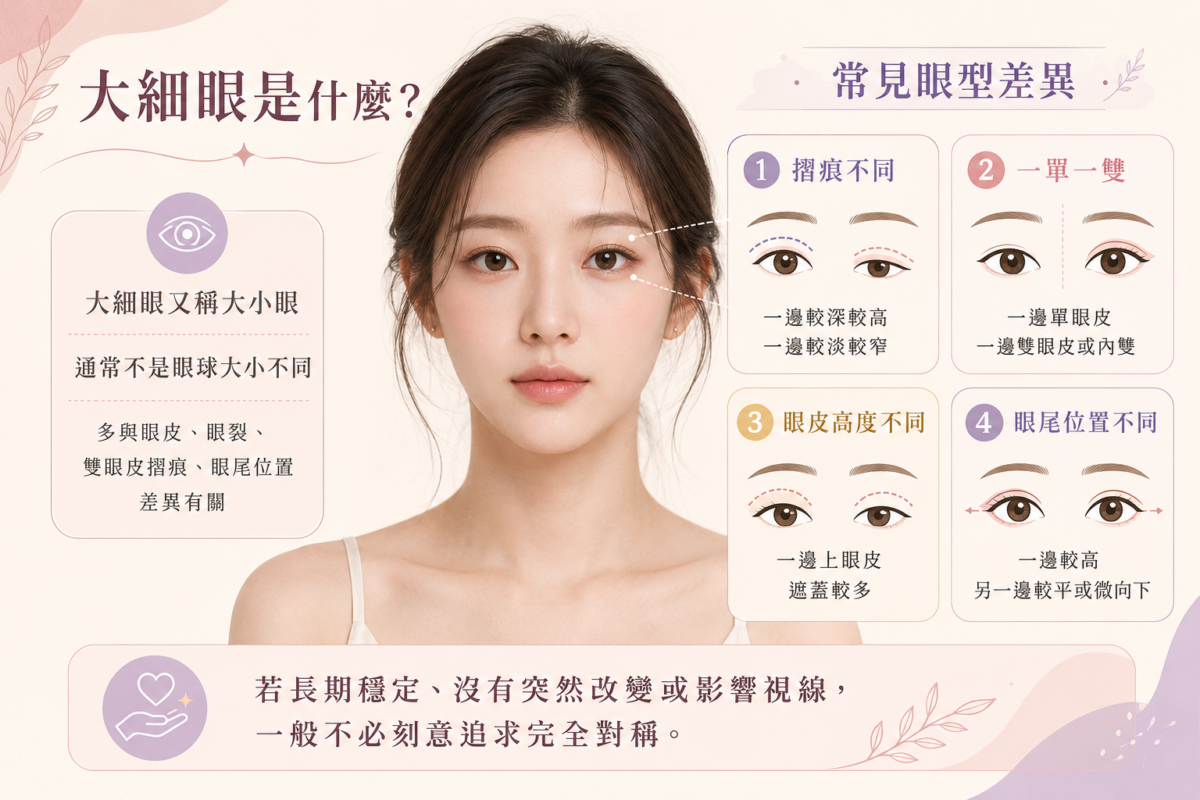 大細眼常見4大類型圖解：包含雙眼皮摺痕不同、一單一雙眼皮、眼皮高度不同及眼尾位置不同特徵比較。