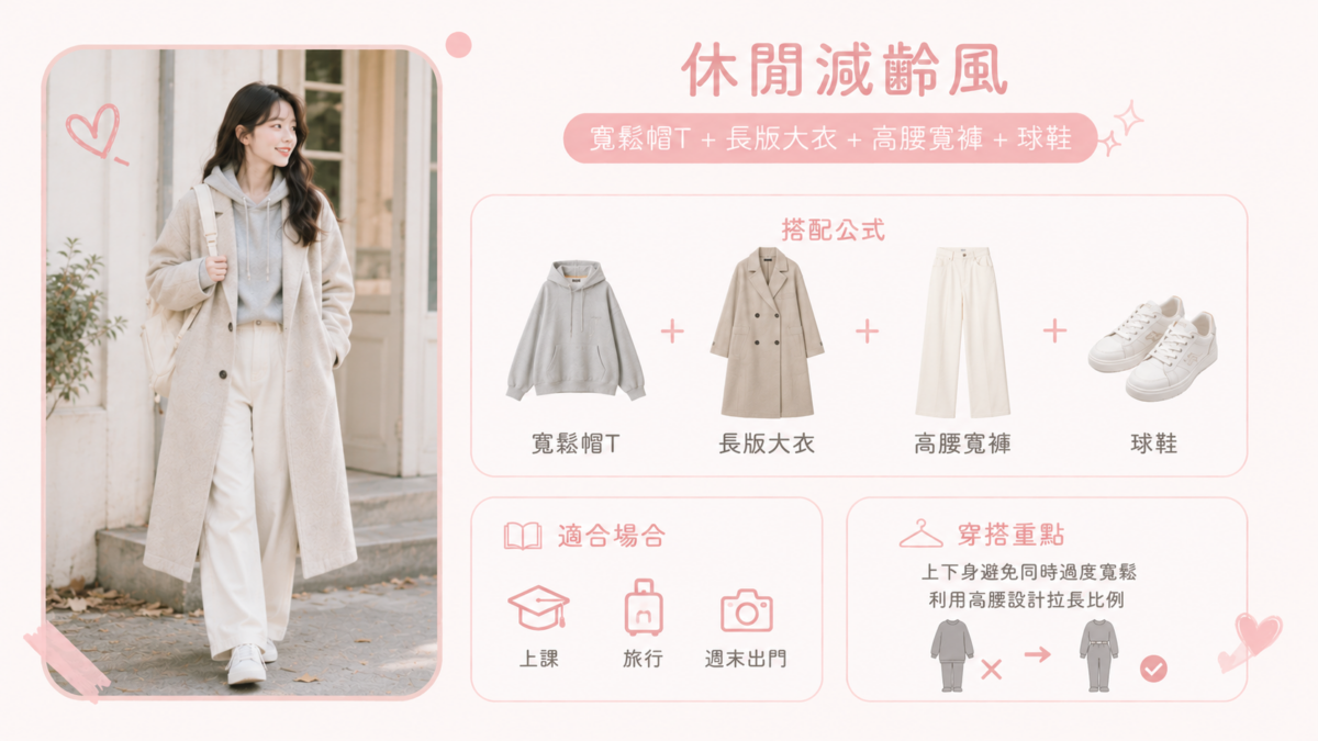 帽T是不少女學生冬天衣櫃中的必備單品，搭配長大衣後，可以減少休閒感，增加造型層次。