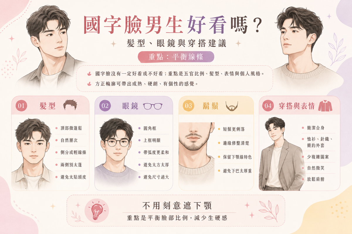 國字臉男生造型指南圖解：包含髮型蓬鬆度、圓角眼鏡挑選、鬍鬚修整與簡約穿搭4大修飾重點。