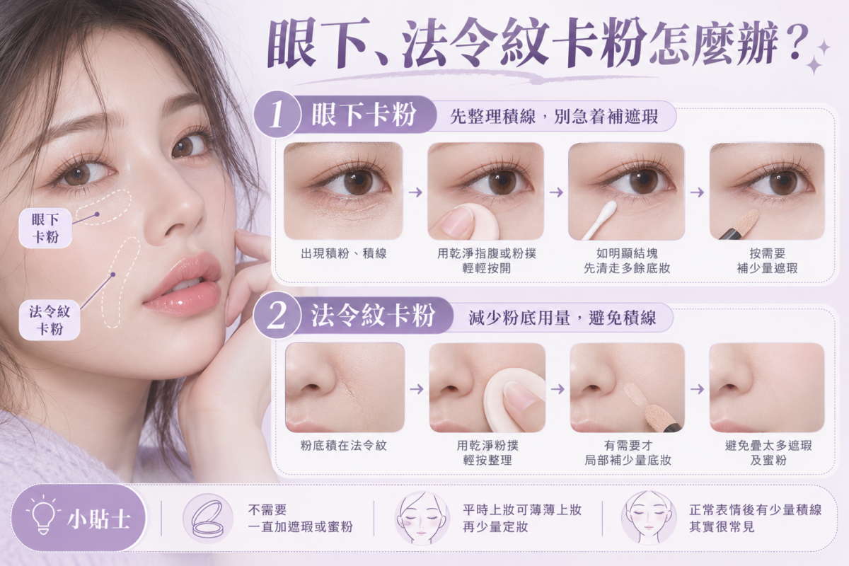 眼下及法令紋卡粉改善圖解，展示眼下積線與法令紋卡粉的處理方法，包括輕按整理多餘底妝、局部補少量遮瑕，以及減少粉底和蜜粉用量。