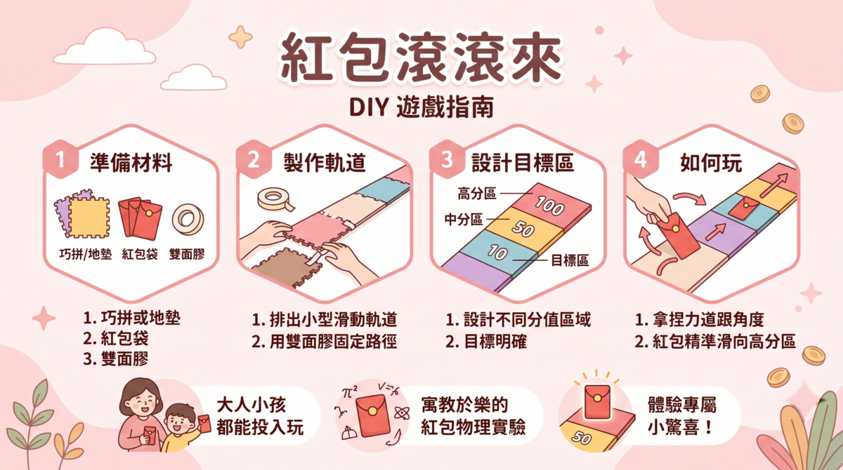 「紅包滾滾來 DIY 遊戲指南」圖解，介紹用地墊鋪設滑動軌道並劃分分值區，由玩家掌控力道將紅包滑向高分區的玩法。