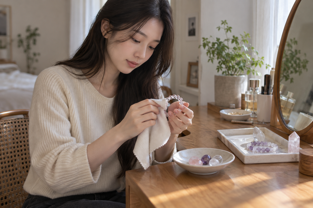 助眠水晶日常保養應用柔軟乾布清潔灰塵，並按水晶材質及首飾配件選擇清潔方法，避免隨意浸水、長時間日曬或接觸鹽水，以免造成損壞。