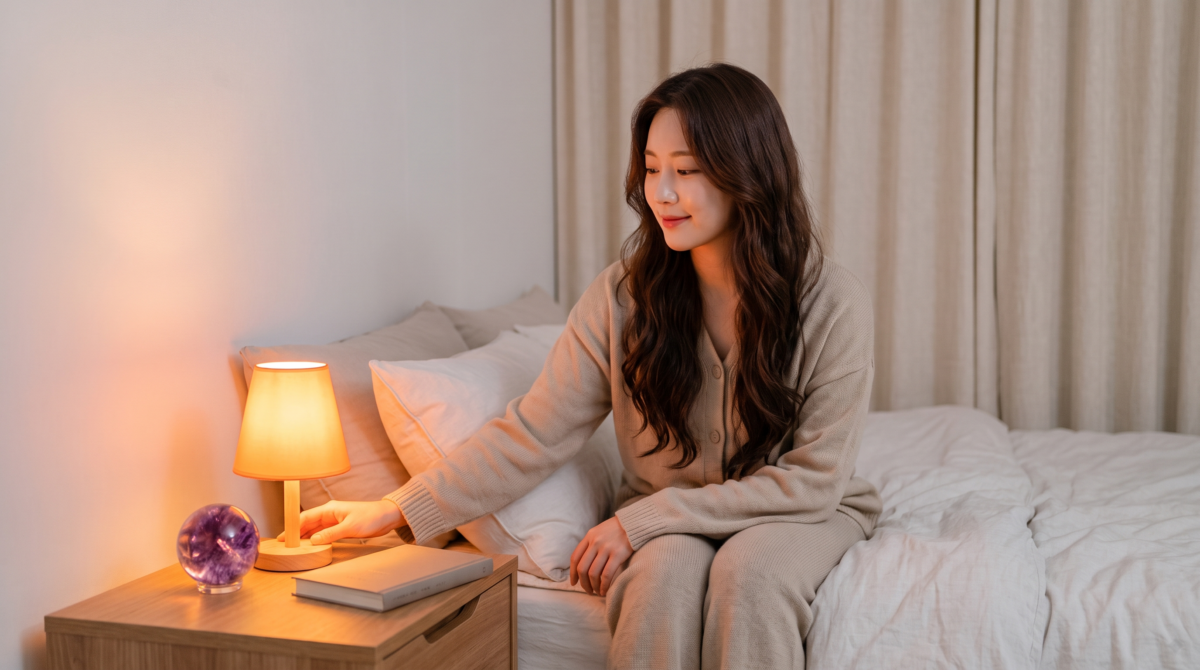 女子坐在床上，伸手準備按開床頭櫃上的亮燈。床頭櫃前放著一個助眠的水晶。