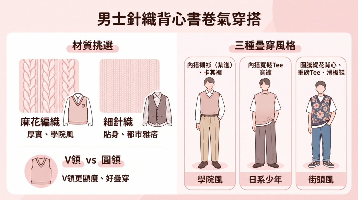 「男士針織背心書卷氣穿搭」圖解，介紹麻花與細針織材質差異及 V 領疊穿效果，並示範學院風、日系少年與街頭風三種風格搭配。