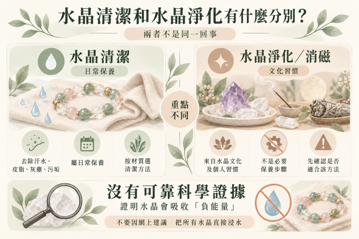 水晶清潔與水晶淨化差異對比圖：主要目的、屬性類別、必要性與保養提醒。
