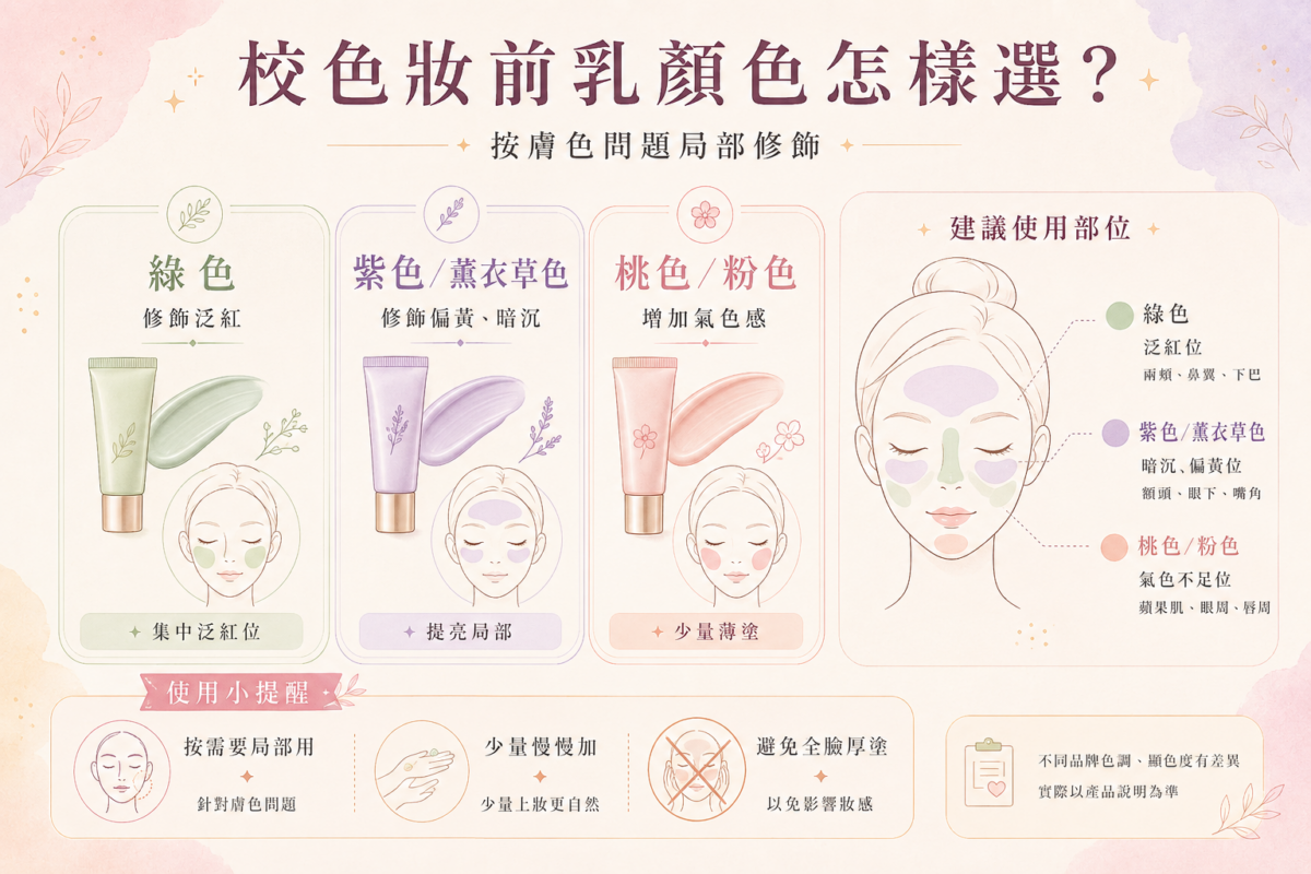 校色妝前乳顏色挑選指南圖:包含綠色修飾泛紅、紫色修飾偏黃暗沉及粉色提升氣色的對照與用法重點