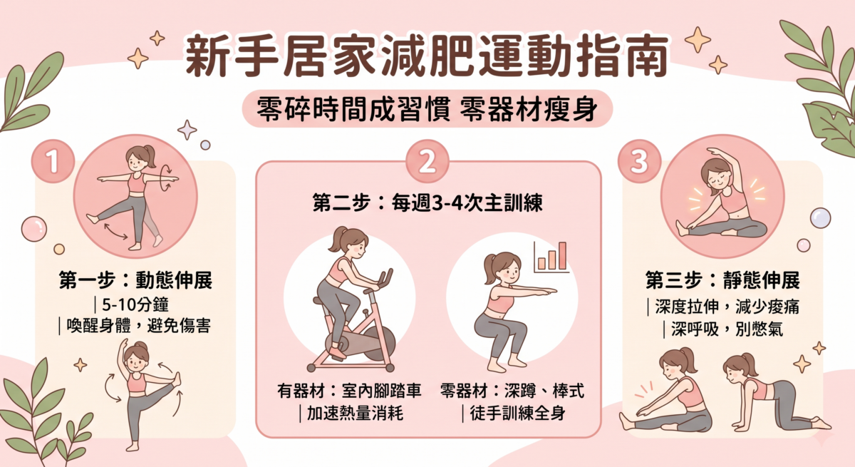 「新手居家減肥運動指南」圖解，說明三大步驟：第一步動態伸展 5-10 分鐘喚醒身體，第二步每週 3-4 次主訓練（可選擇室內腳踏車或深蹲、棒式等徒手訓練），第三步進行靜態伸展以減少痠痛。