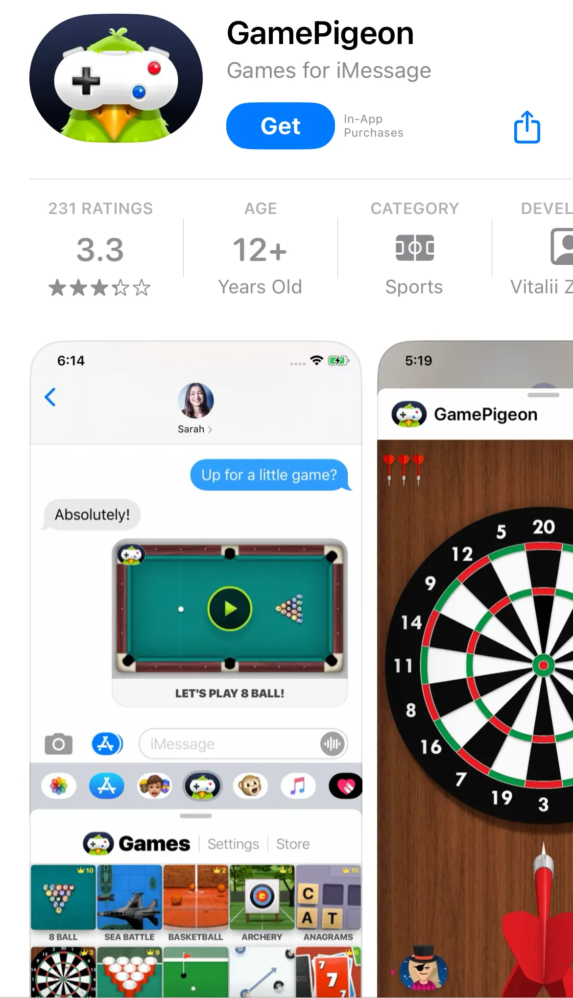 《GamePigeon》，透過 iMessage 傳送訊息就能開啟雙人對戰，裡面收錄超過 20 款小遊戲，規則都很簡單，適合遠距離情侶當作線上約會的方式