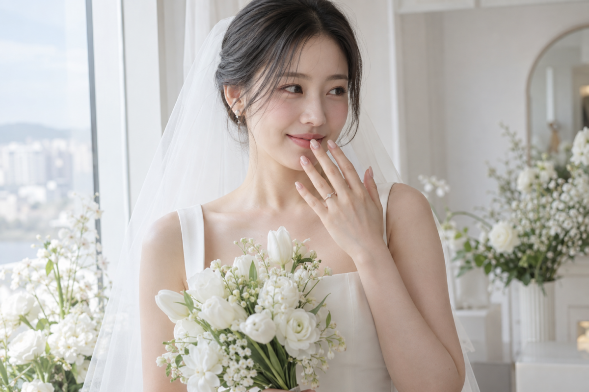 韓系婚禮美甲可選奶白、裸粉、淡色貓眼或微法式，再配小珍珠、Chrome或細緻立體Gel增加層次。