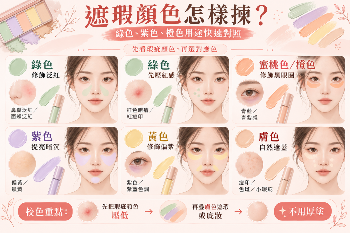 遮瑕顏色揀選與對照圖:綠色、紫色、橙色、黃色及膚色遮瑕膏用途與瑕疵對應指南。