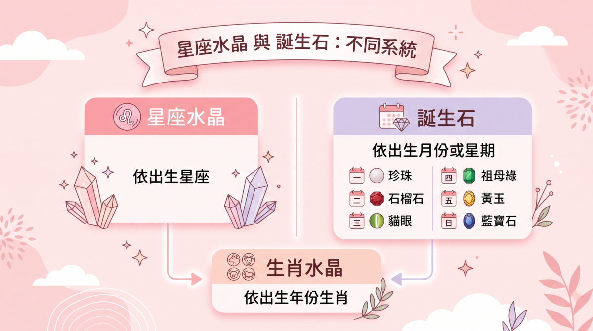 很多人會把「星座水晶」跟「誕生石」搞混，其實這是兩套不同的系統。