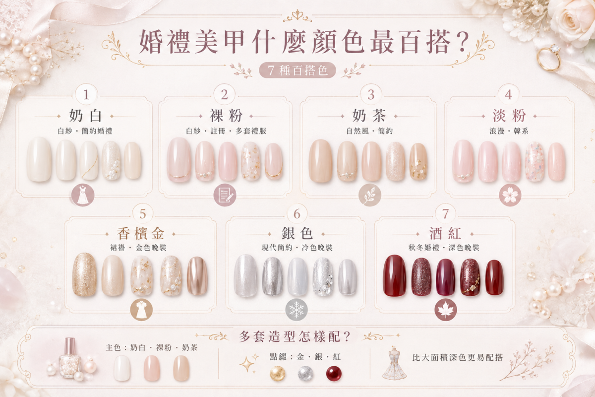 婚禮美甲百搭顏色對照圖：解析奶白、裸粉、奶茶、淡粉、香檳金、銀色與酒紅7大美甲色系適合的婚紗、裙褂與晚裝造型搭配。