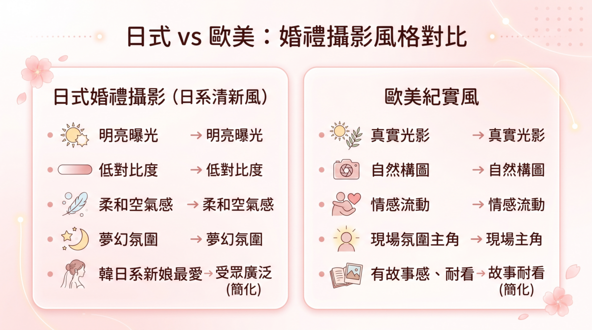 「日式 vs 歐美：婚禮攝影風格對比」圖解，對比日系清新風（明亮曝光、低對比度、柔和空氣感）與歐美紀實風（真實光影、自然構圖、注重故事感）的風格特色與差異。