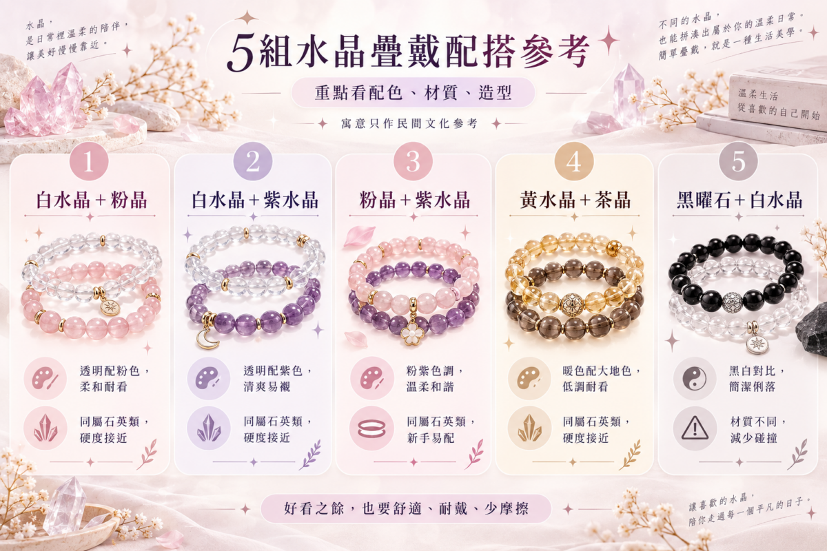 5組水晶疊戴配搭對照圖表:比較白水晶加粉晶、白水晶加紫水晶、粉晶加紫水晶、黃水晶加茶晶與黑曜石加白水晶的造型特色與材質配戴注意事項。