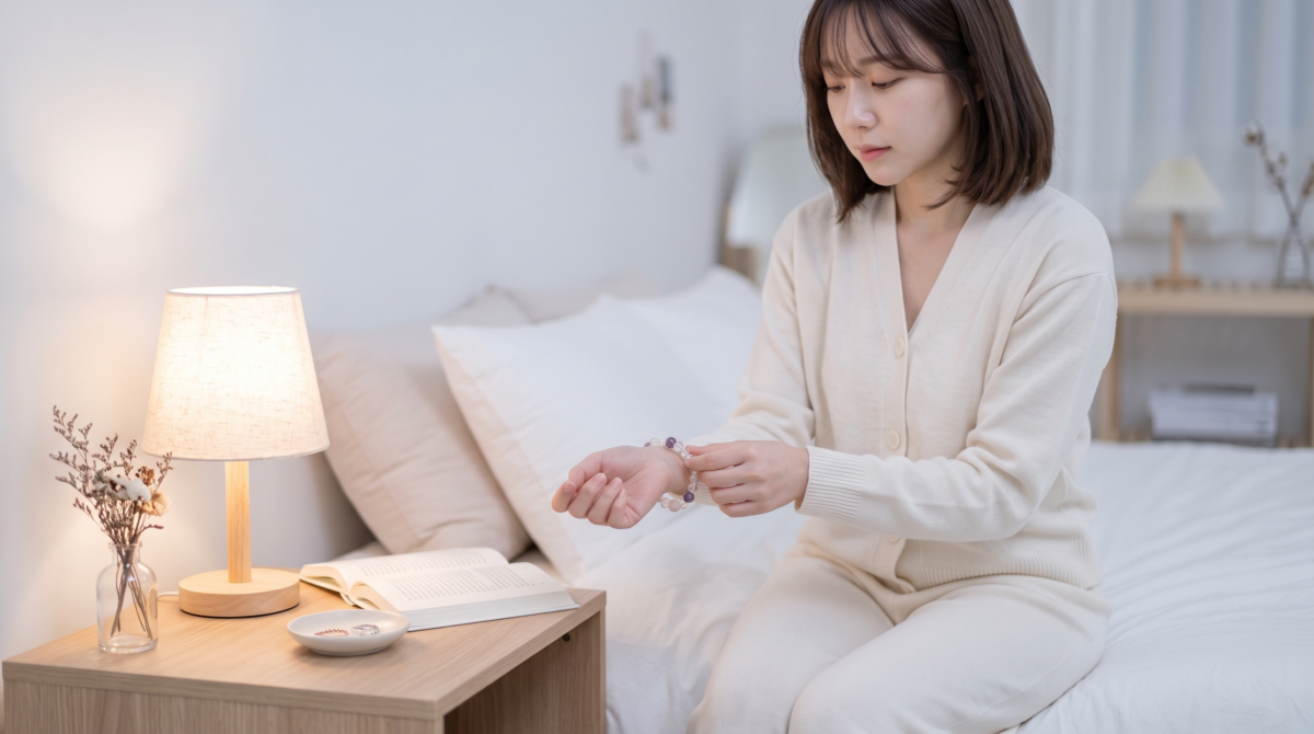 穿著睡衣的女子坐在床上，正準備在睡覺前脫下右手腕上的水晶手鍊。