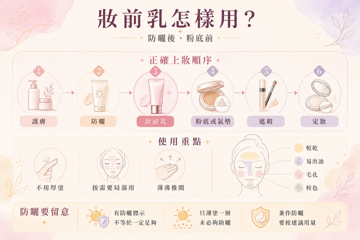 底妝正確上妝順序流程圖:包含基礎護膚、防曬、妝前乳局部使用、粉底、遮瑕及定妝步驟說明。
