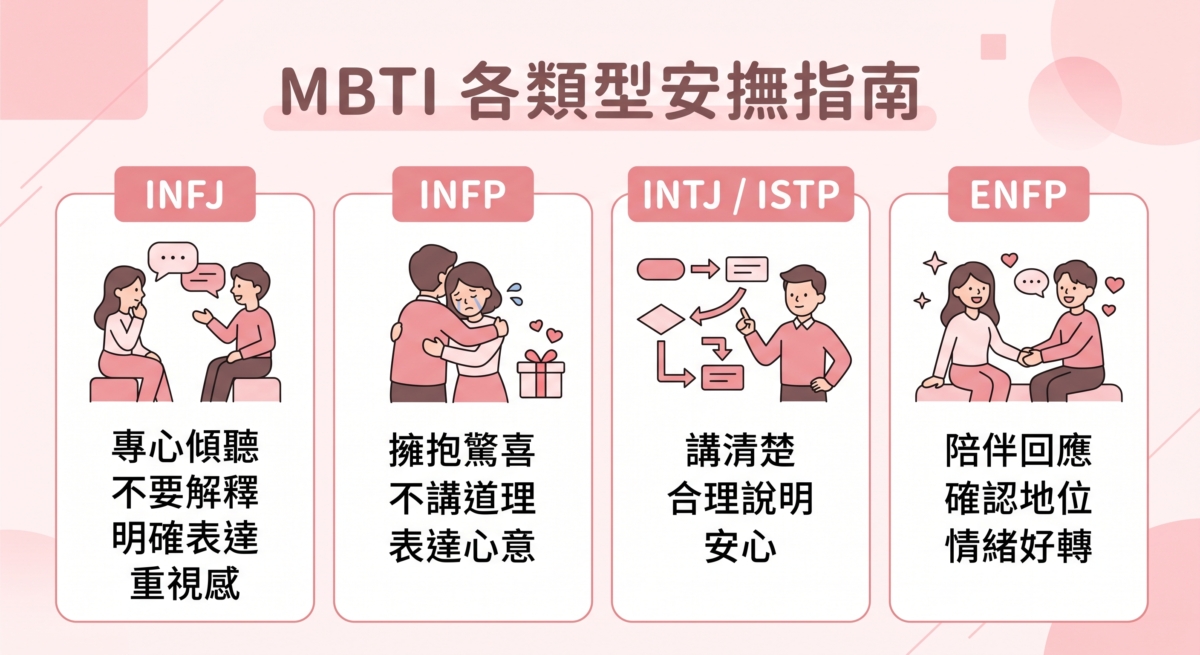 安撫另一半這件事，真的沒有標準答案，同一句道歉對某些人有用，對某些人卻可能火上加油。