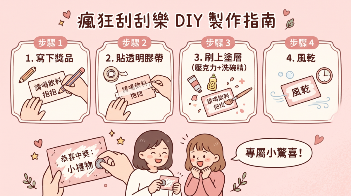 「瘋狂刮刮樂 DIY 製作指南」圖解，介紹寫下獎品、貼透明膠帶、塗刷壓克力顏料與洗碗精混合層並風乾的四步製作流程。