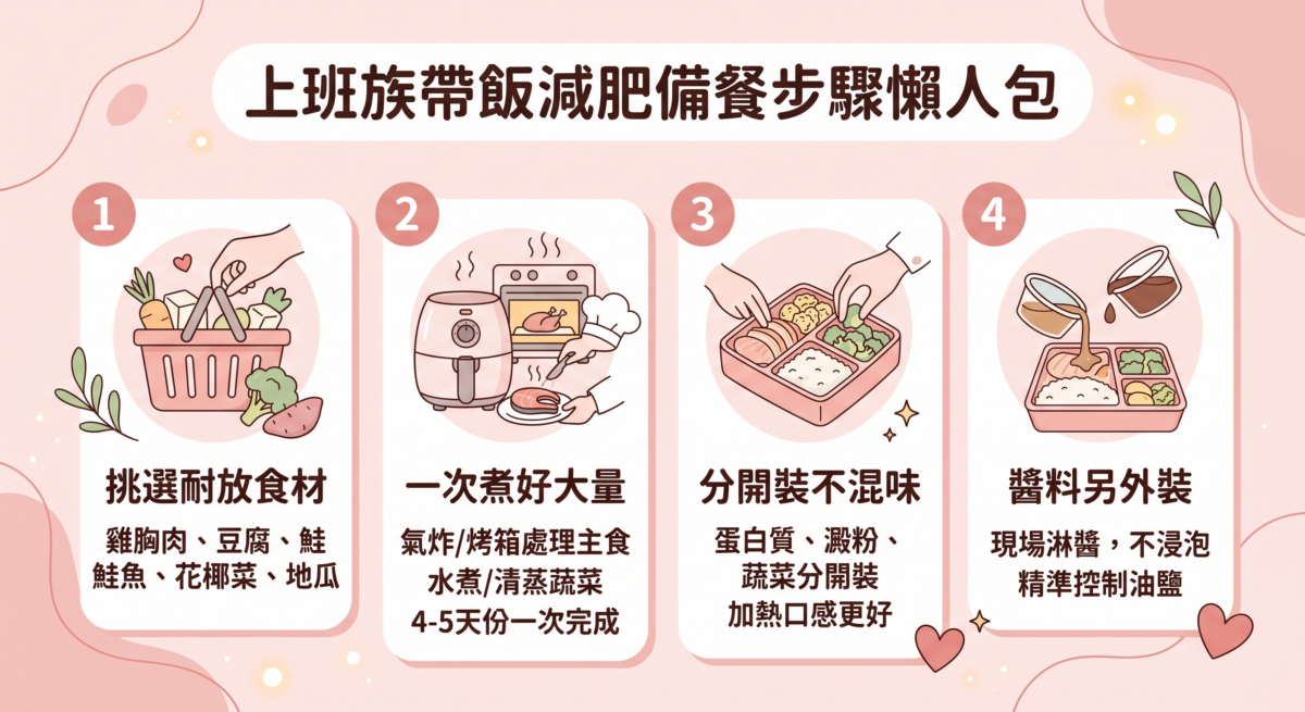「上班族帶飯減肥備餐步驟懶人包」圖解，整理四大備餐步驟：挑選耐放食材、批量料理主食與蔬菜、將不同食物分裝避免混味，以及將醬料另外分裝以精準控制油鹽。