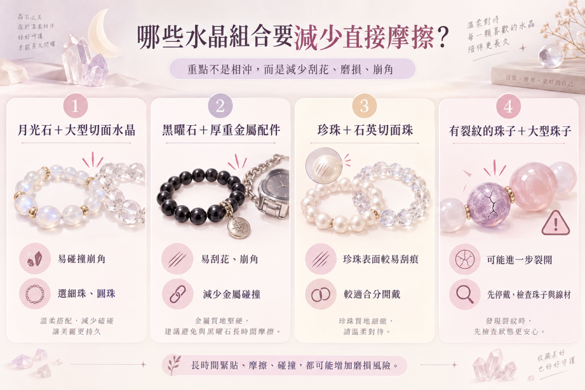 水晶疊戴防磨損圖表:比較月光石、黑曜石、珍珠與裂紋珠的莫氏硬度、碰撞風險及正確佩戴建議。
