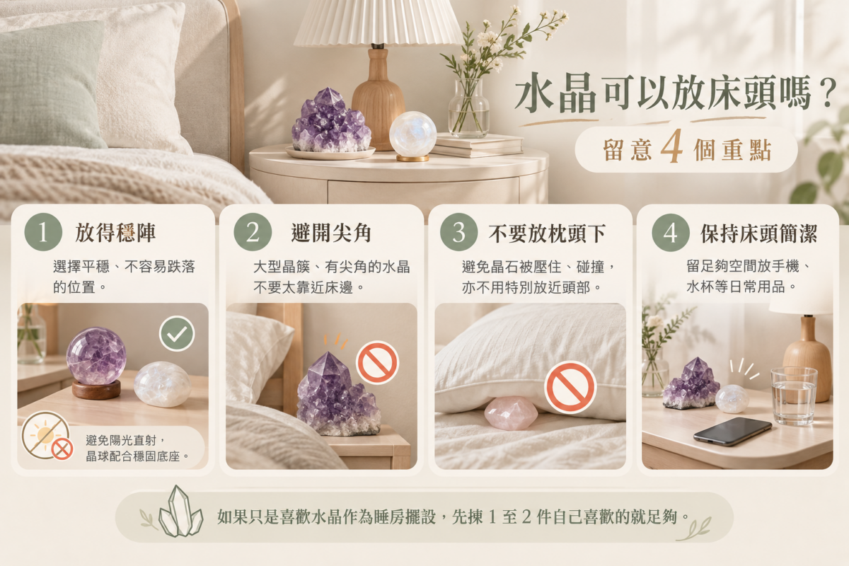 水晶床頭擺放注意事項資訊圖，透過睡房場景整理穩固擺放、避開尖角、不放枕頭下及保持床頭整潔4個重點。