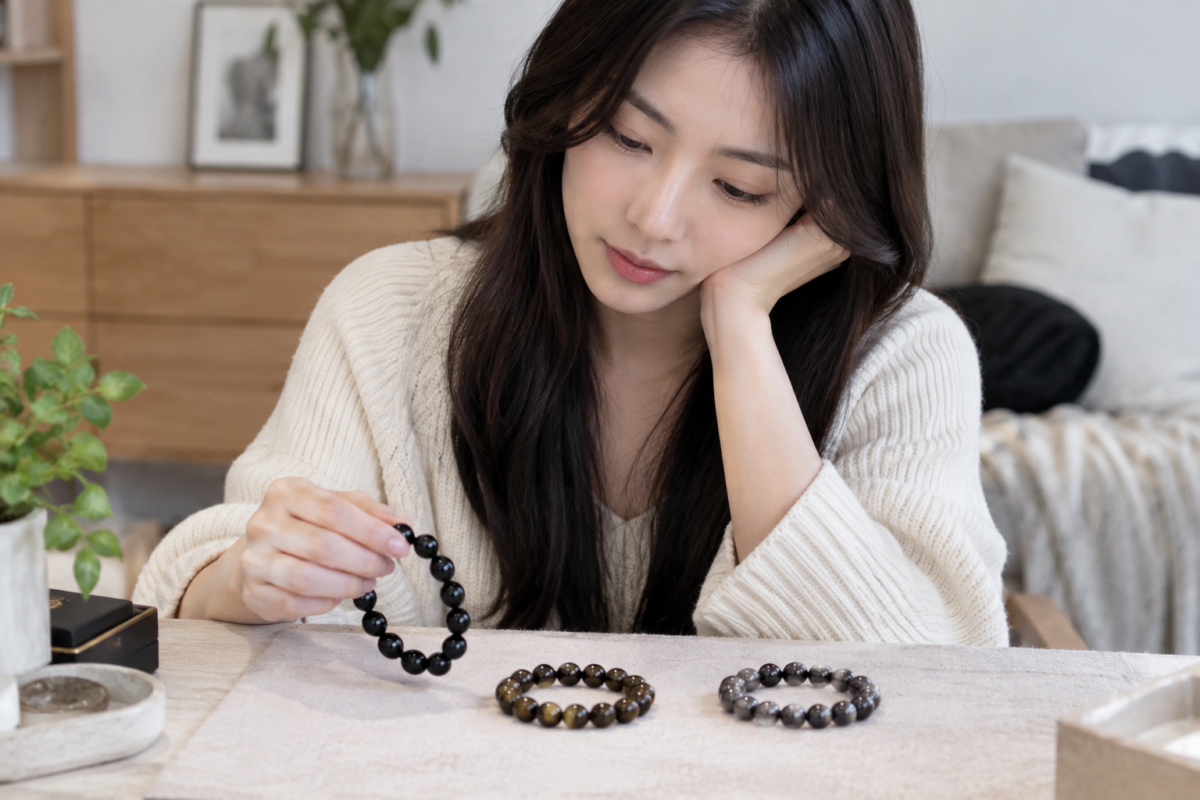 黑曜石、金曜石和銀曜石沒有固定左右手戴法,可按坊間寓意、慣用手及佩戴舒適度選擇。
