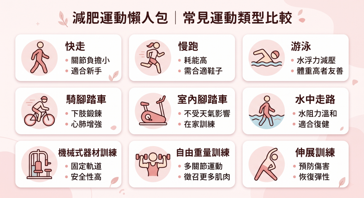 「減肥運動懶人包：常見運動類型比較」圖解，整理快走、慢跑、游泳、騎腳踏車、室內腳踏車、水中走路、機械式器材訓練、自由重量訓練與伸展訓練等 9 種常見運動的特點與適用對象。