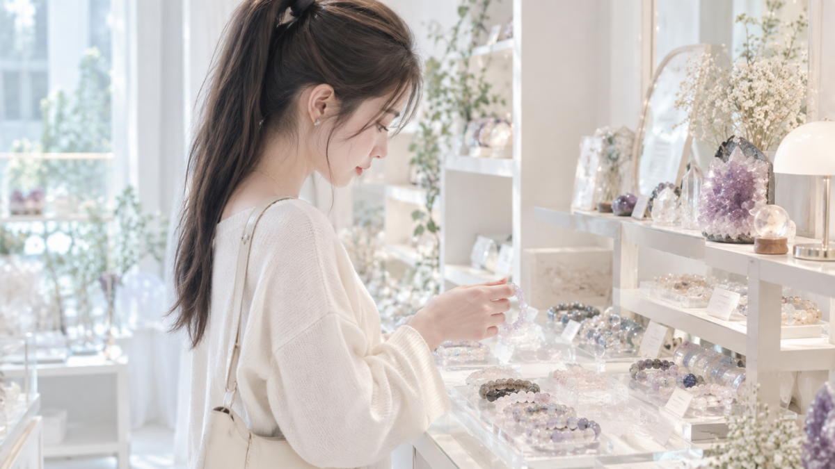 綁馬尾的女子站在明亮簡約的水晶店內，於展示架前專注端詳手中的淡紫色水晶手鍊。