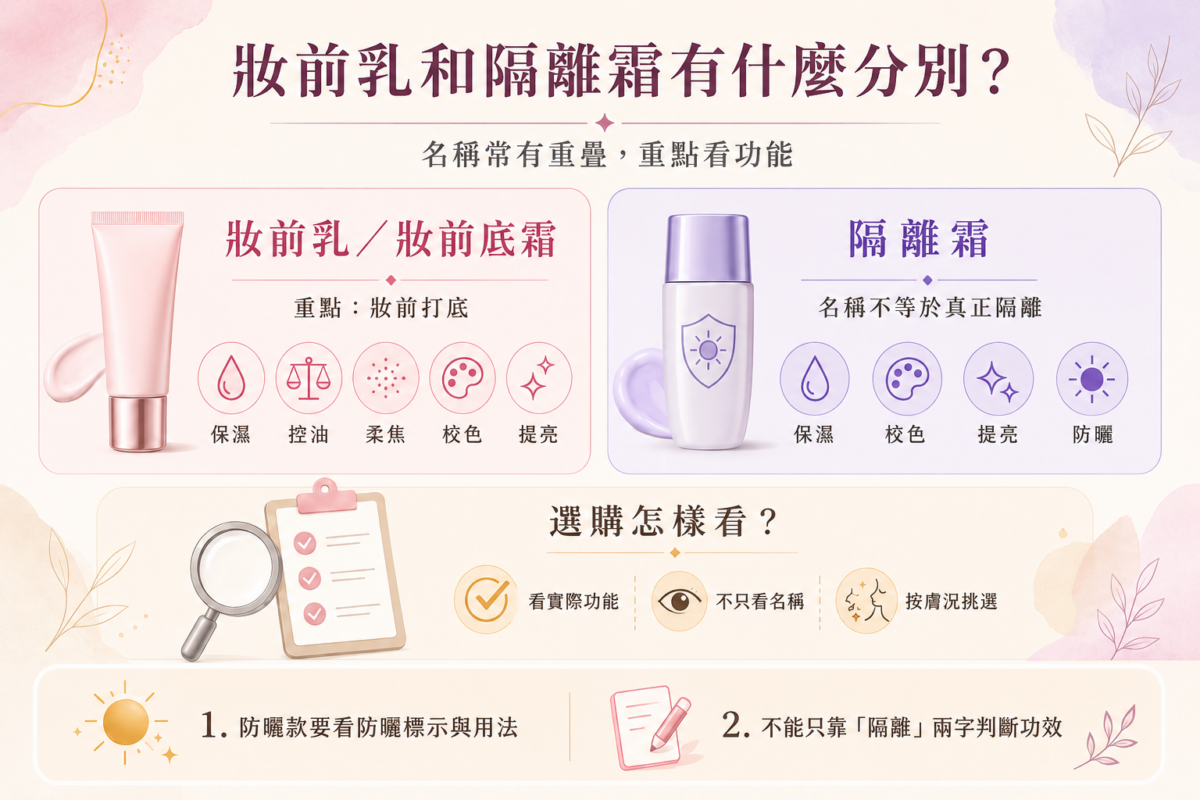 妝前乳與隔離霜功能選購對照圖:解析保濕、控油、柔焦、校色、提亮及防曬6大實際功效與隔離霜迷思。