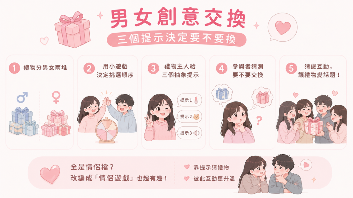 參與者要靠這些模稜兩可的線索決定要不要交換，送禮跟收禮之間多了一層猜謎跟互動，也讓禮物變成聊天話題。
