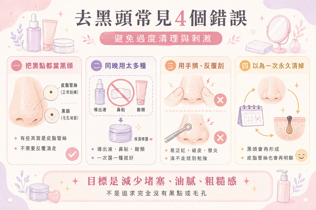 去黑頭4大常見錯誤與正確觀念對照圖:解析混淆皮脂管絲、疊用產品、手擠刮擦及永久根除迷思的正確護理方法。
