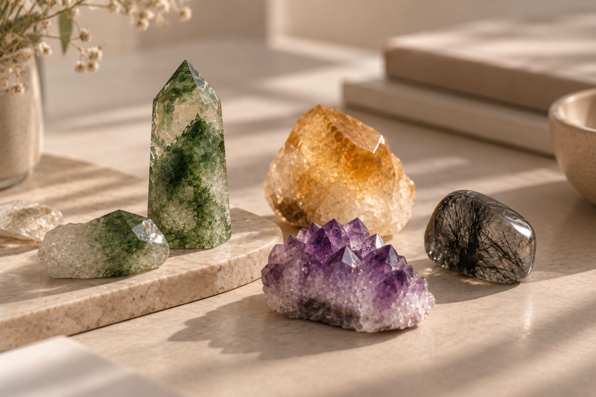 辦公桌適合擺放綠幽靈、黃水晶、紫水晶及黑髮晶，在傳統水晶文化中分別象徵事業成長、財運成功、冷靜思考及保護防小人，可按個人喜好選擇。