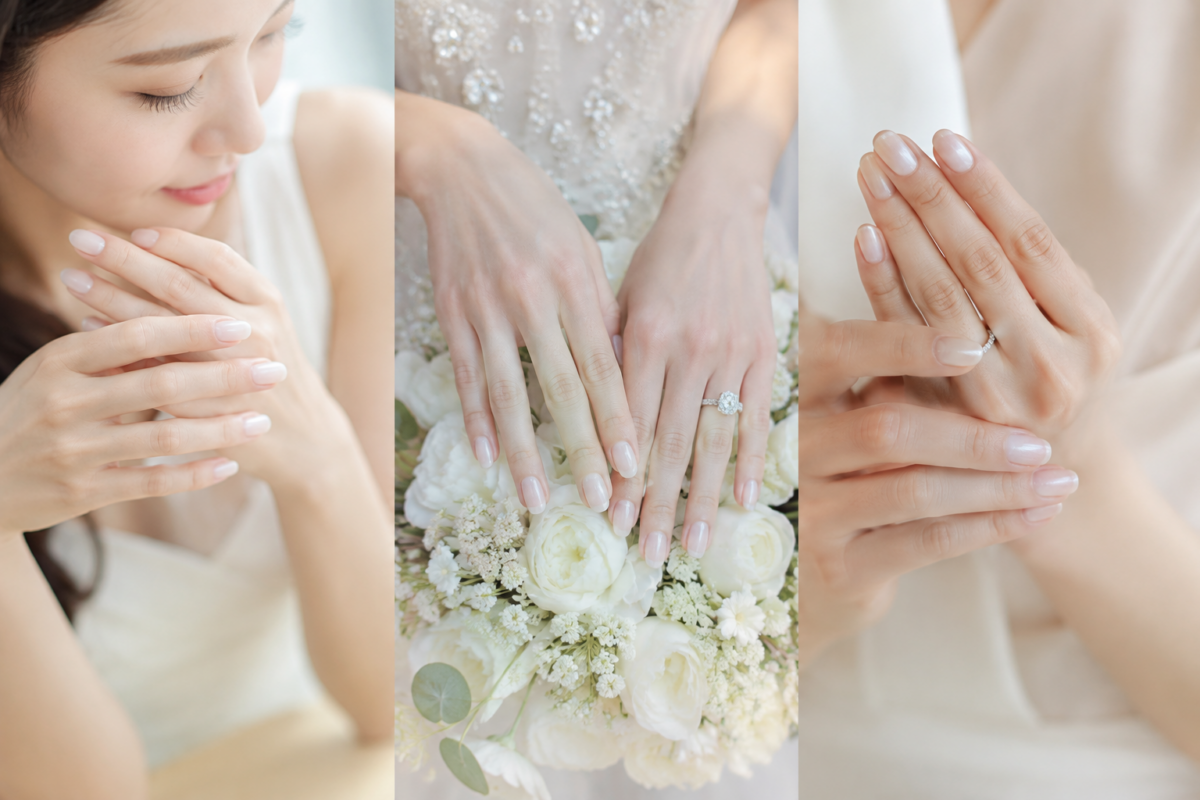 透薄奶白美甲清透柔和，適合新娘配搭白紗、婚戒及不同首飾。