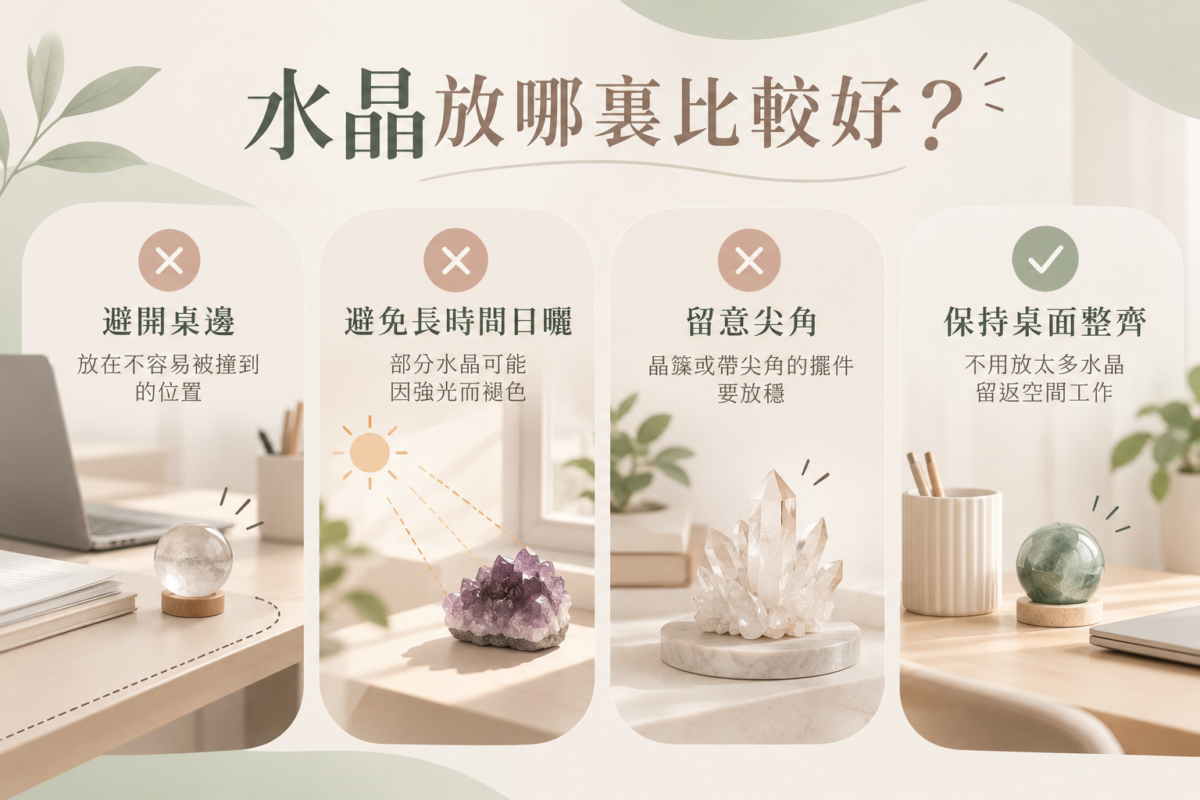 辦公桌水晶擺放圖解，說明避開桌邊、避免長時間日曬、留意晶簇尖角及保持桌面整齊4個注意事項。