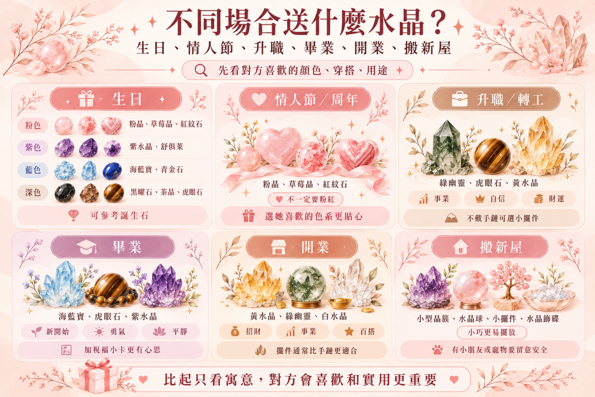 不同場合送水晶挑選對照圖:生日、情人節、升職、畢業、開業與搬新屋的水晶材質、型態與寓意懶人包