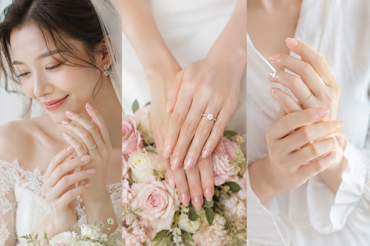 透薄裸粉美甲自然柔和，適合想低調襯托婚戒、又保留透膚感的新娘。